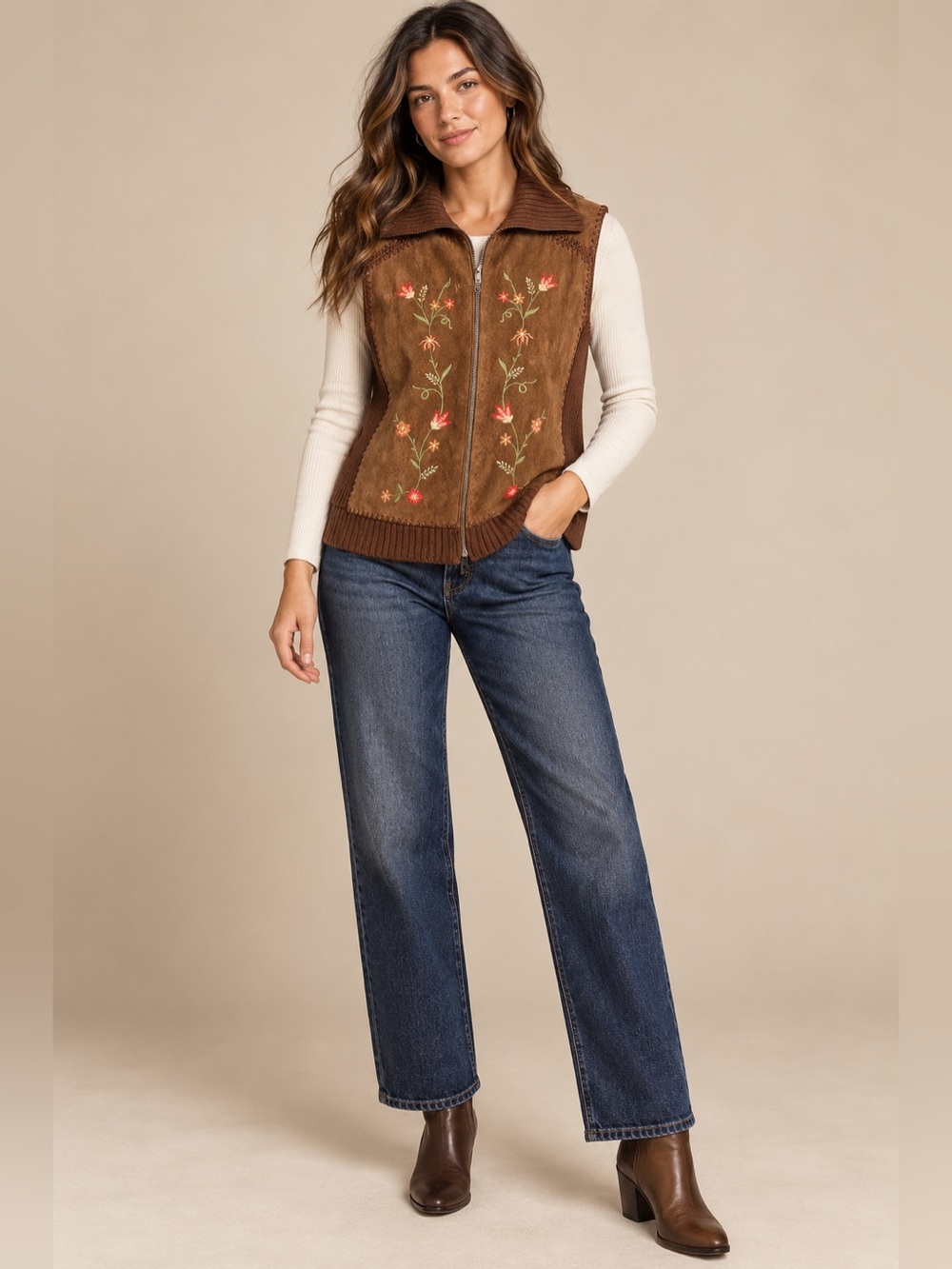 Designers Studio Originals Genuine Leather Embroidered Zip Vest L